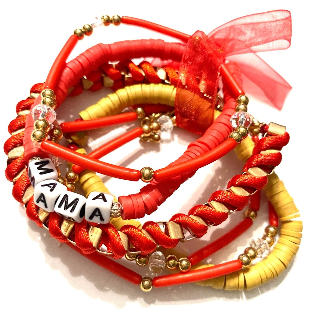Bracelet mama mom day red stack stretch boho  letter word call sweet 6pc trendy